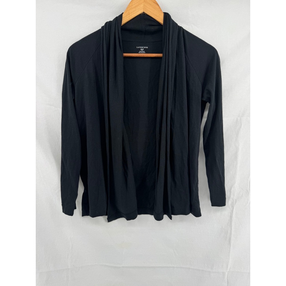Lands End Womens Black Open Front Draped Shawl Collar Cardigan Sweater XS 2-4